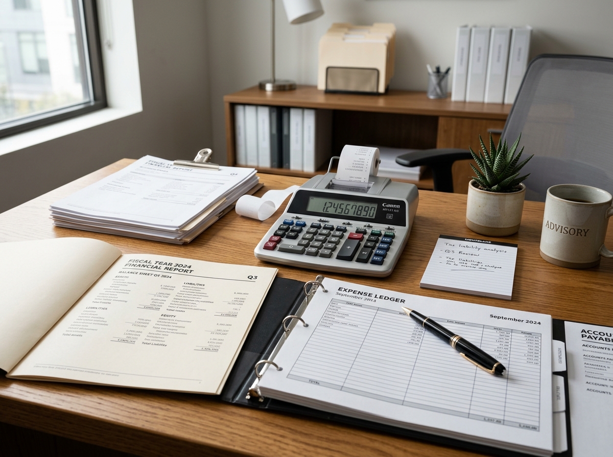 Organised financial ledgers, audit schedules and calculator on an accounting workspace